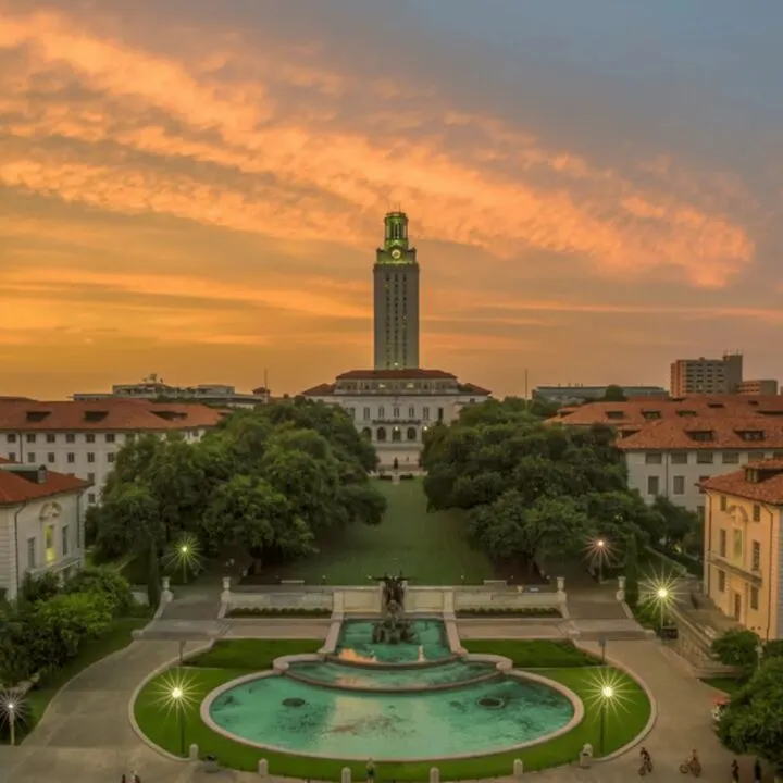 The UT Austin campus and tower at sunset